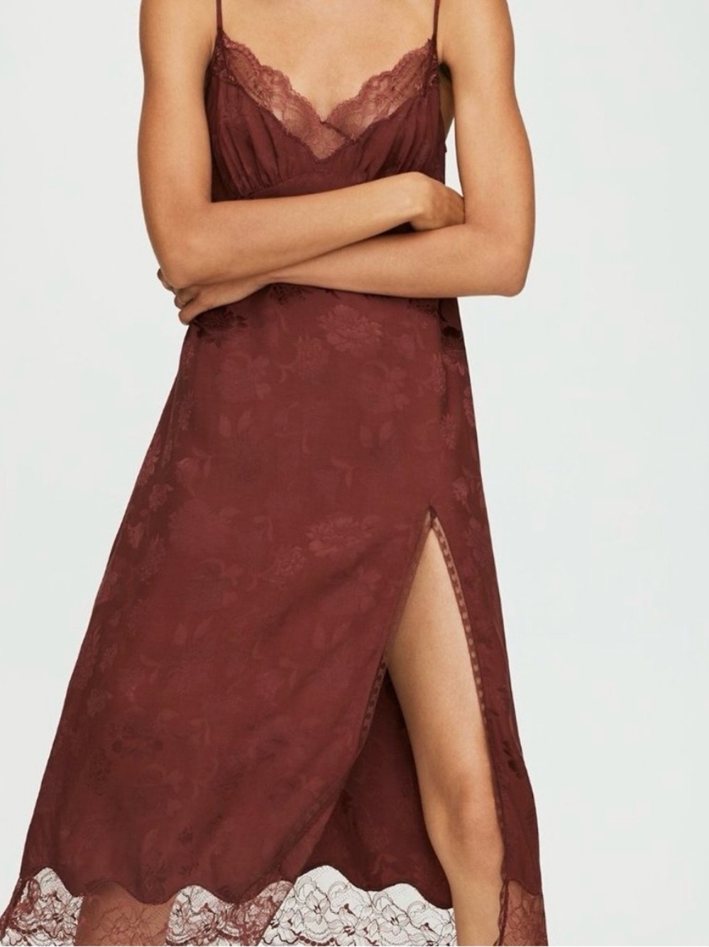 Aritzia Wilfred Ophelia Lace Slip Dress Rustique Red Brown Jacquard Size 6 NWT
